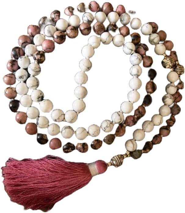 Natural Howlite Rhodonite 8mm 108 Mala Beads, Spiritual, Meditation Beads, Reiki, Japa Mala, Buddhist Prayer Beads, Yoga Bracelet, healing beads LKMALA-RRGU-3538, 34 inch