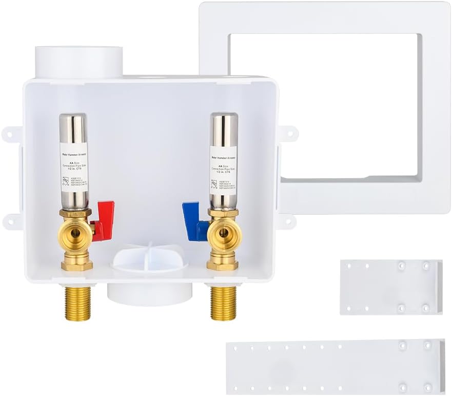 EFIELD Universal Washing Machine (Laundry) Outlet Box with Center Drain, 1/2-inch Sweat MIP Connection With Stainless Steel Water Hammer Arrestor,(WM051)