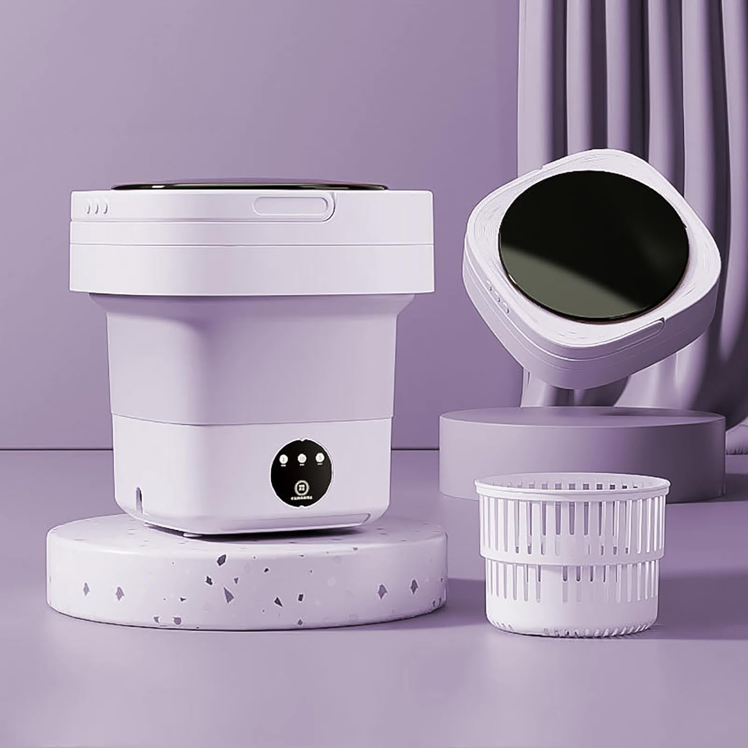 6.5L Portable Washing Machine Foldable Mini Small Portable Washer Washing Machine With Drain Basket for Underwear, Baby Clothes, Small Items, Towels US Plug (Purple)
