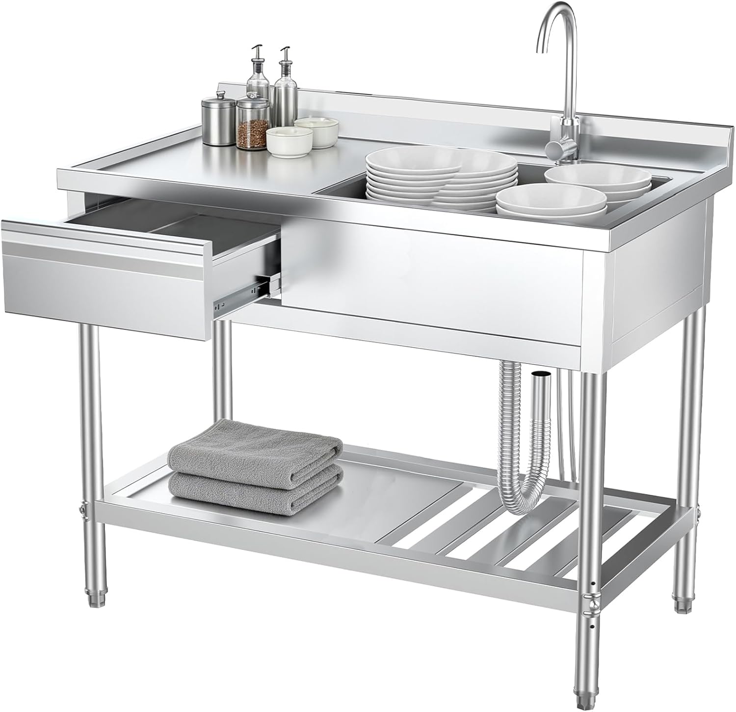 Stainless Steel Utility Sink with Drawers & Plumbing Single Bowl Commercial Sink for Kitchen, Laundry & Farmhouse | Heavy-Duty Indoor Outdoor Workstation (39