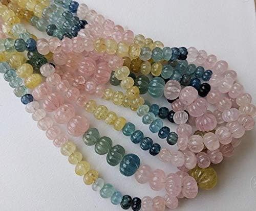 18 Inch Multi Aquamarine Melon Beads, 7.5-13mm Natural Multi Aquamarine Hand Carved Melon Beads, 58 Pcs Multi Aquamarine Necklace