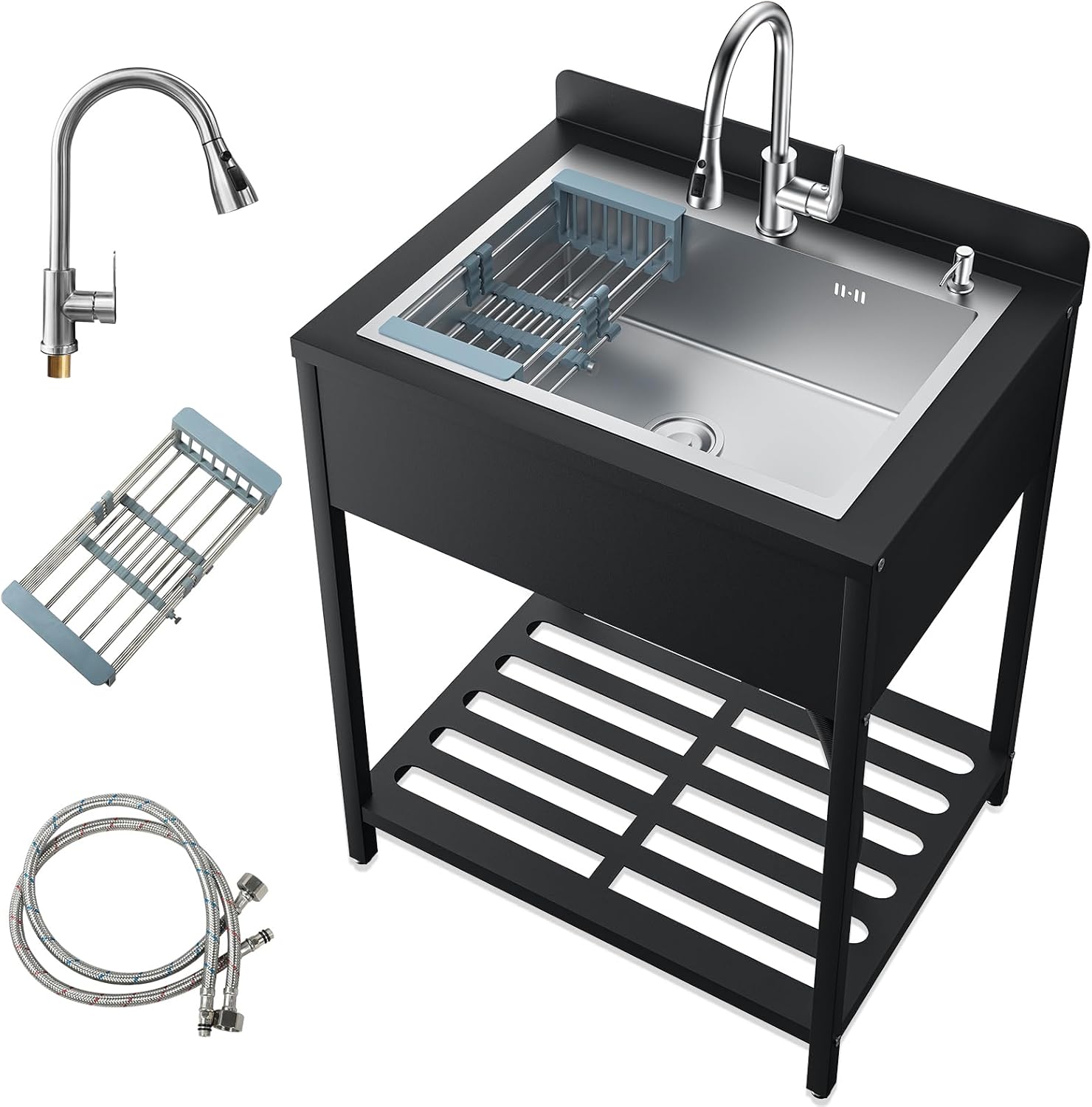 33inch Stainless Steel Freestanding Utility Sink with Cold and Hot Water Faucet, Commercial Kitchen outdoor Sink with Hoses and Drain Kit, Laundry sink For Bathrooms, Backyard, Bar