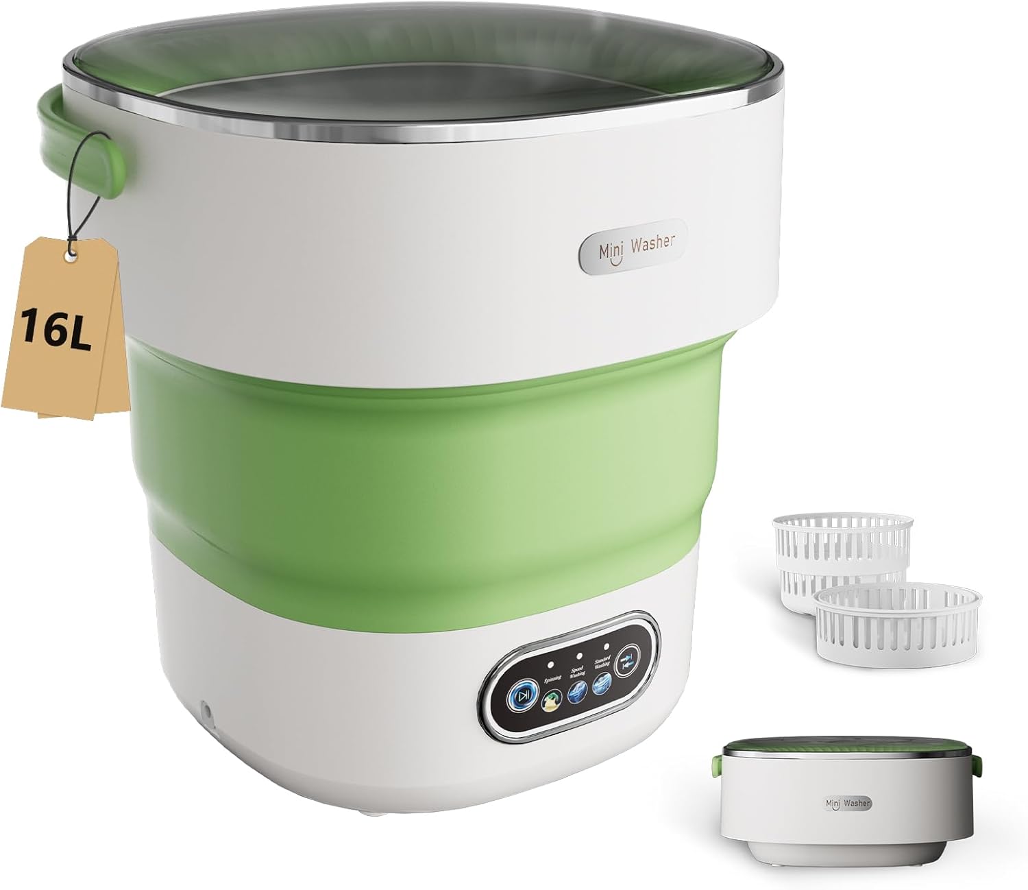 Mini Laundry Machine 16L — Foldable Portable Laundry Machine and Spinner for Baby Clothes, Underwear, Socks; Ideal for Travel, Dorms, Camping - Green