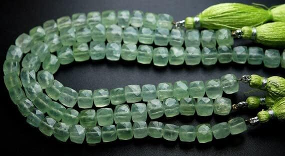 8 Inch Strand,Super Finest,Natural Prehnite Faceted Cubes Shape 6.5-7mm Size