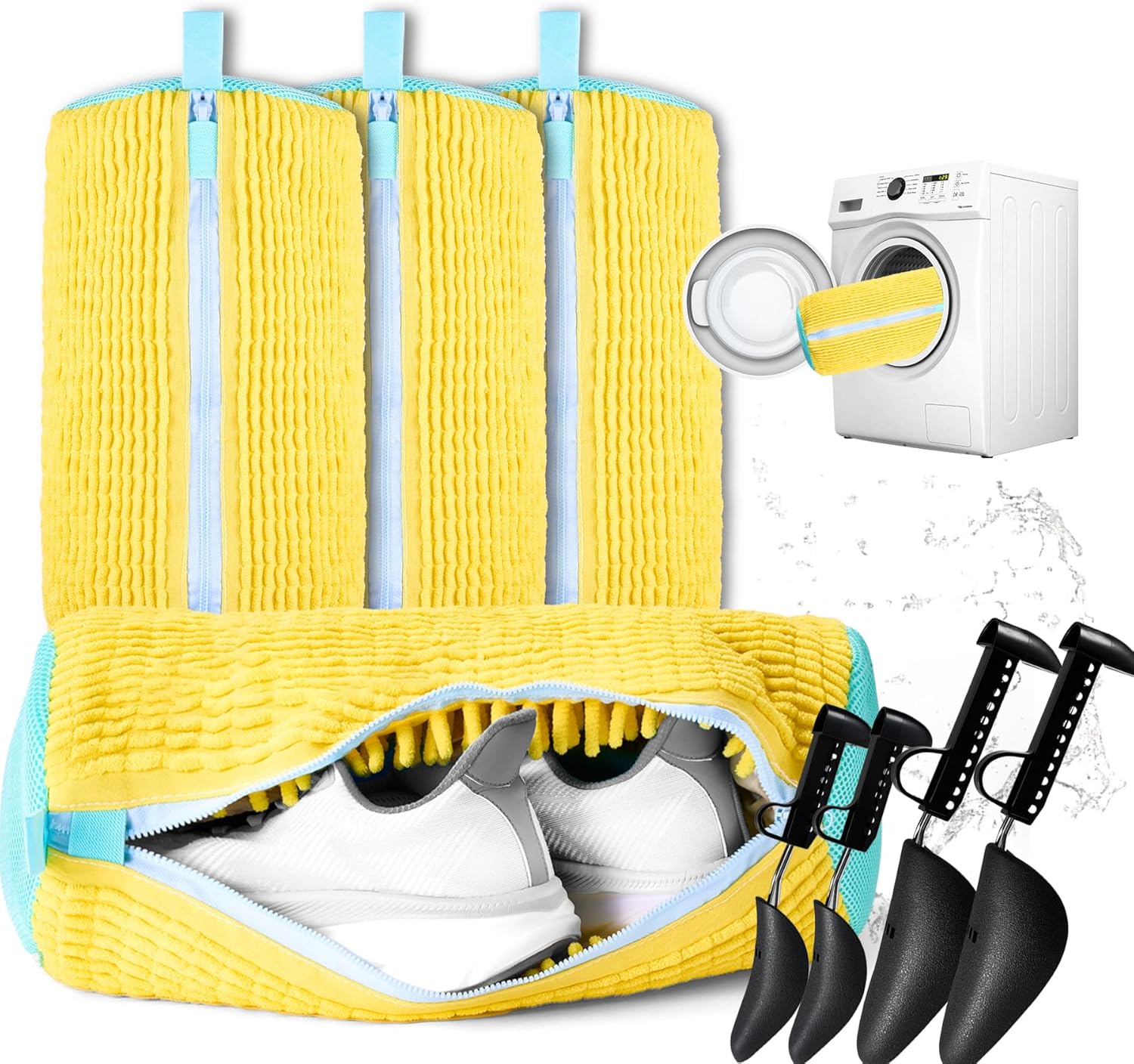 Shoe Washing Machine Bag, 4 Pcs Laundry Shoe Bag For Washing Machine, With 4 Boot Stretcher (L 6-12.5 & S 5-10.5), 360°Deep Cleaning, Fit Most Shoes Types