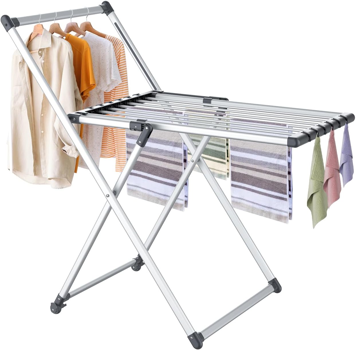 Clothes Drying Rack, Foldable Laundry Rack for Indoor Outdoor, 10pcs Sock Clips, Collapsible Space-Saving Drying Rack for Clothes Towels Dolls, White (Gray)