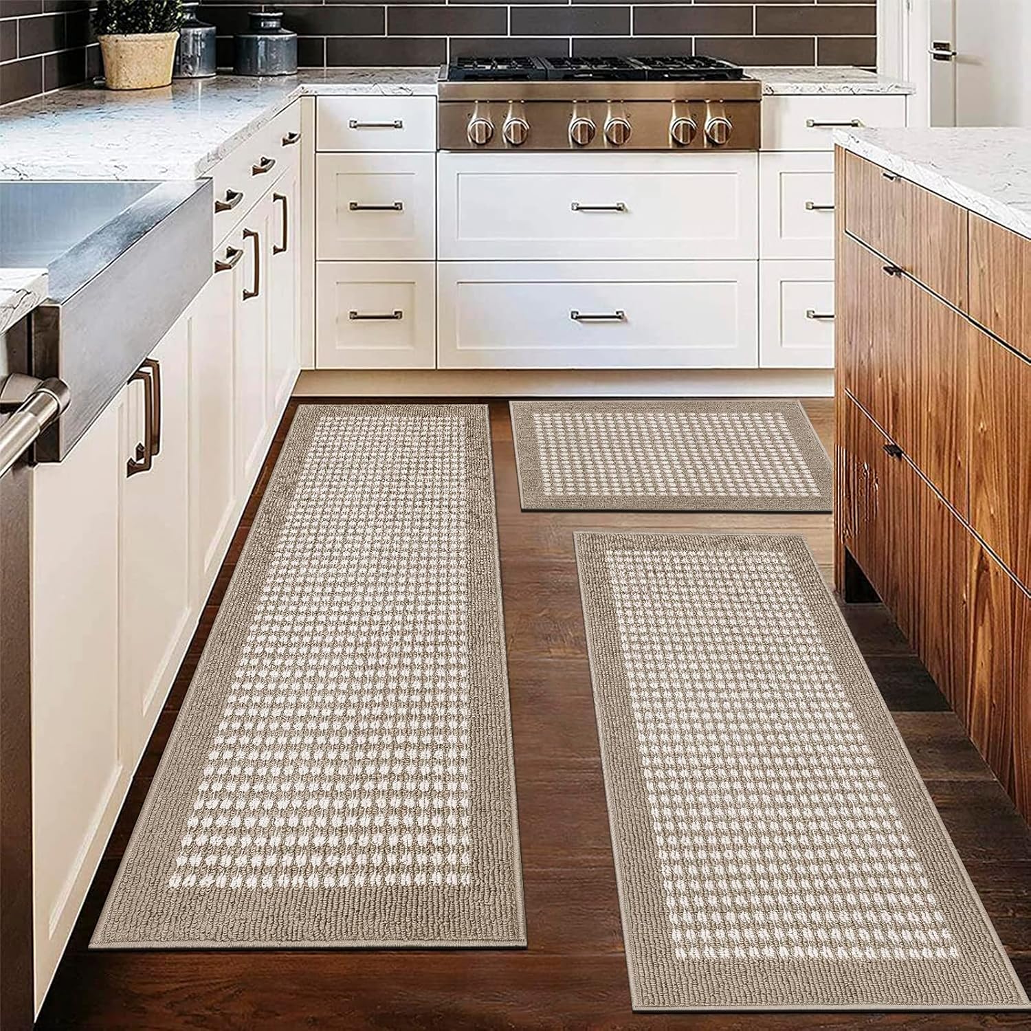 Ileading Kitchen Mat Sets 3 Piece Minimalist 3D Lattice Kitchen Floor Rugs with Non Slip Rubber Backing Machine Washable Farmhouse Runner Rugs for Laundry Hallway Doormat(Beige)