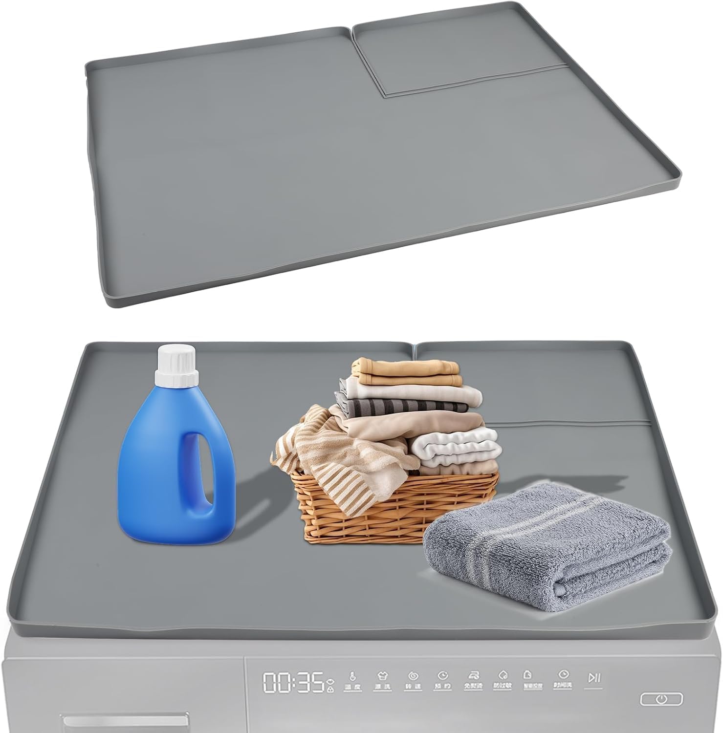 Silicone Washer And Dryer Top Cover Mat 26x17.7 Inch Non-Slip Heat Resistant Laundry Room Protector With Lint Trap Hole For Appliance Scratch Spill Dust Protection (Grey)