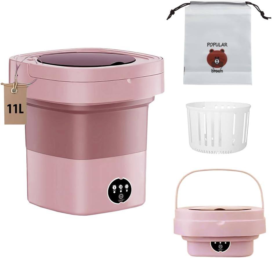 Portable Washing Machine, Mini Washer,11L, with Dual Function of Washing and Drying (2 in 1), upgraded large capacity, Foldable Washer for Apartments, Dorms, Hotels, Travel (Pink)