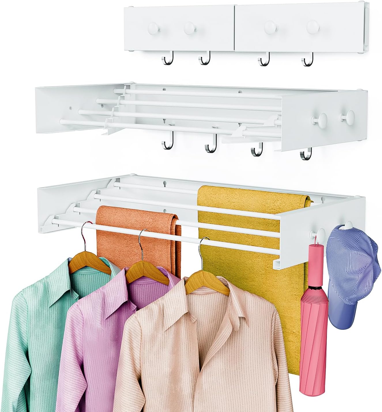 Drying Rack Clothing,Clothes Drying Rack Wall Mounted,Laundry Drying Rack Wall Mount,Foldable,Collapsible,60 lb Capacity 5 Aluminium Poles with 6 Hooks (White, 23.6'')