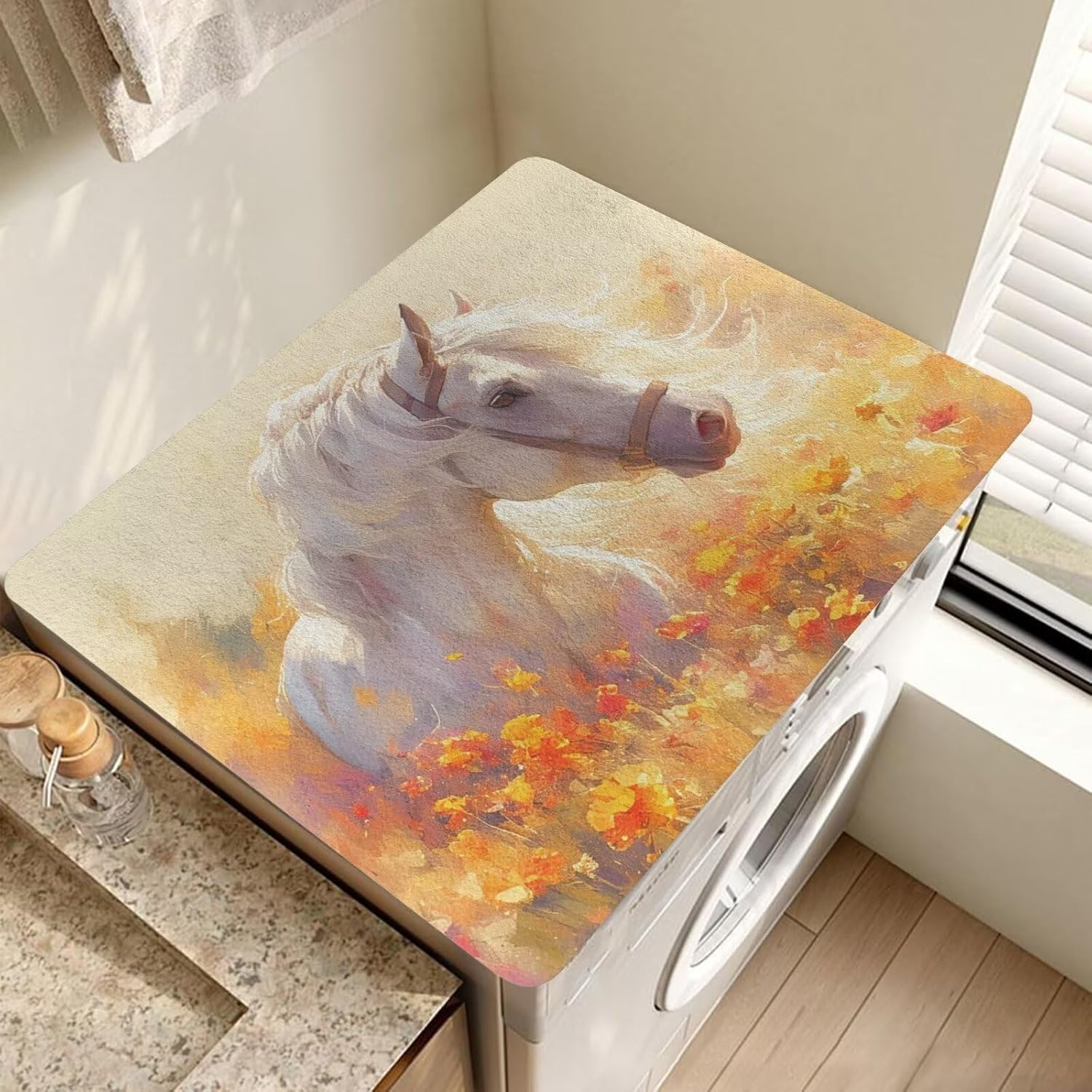 Yorontervo White Horse Washer Dryer Top Mat Prevents Scratches Small Appliances Dust-proof Covers Anti-slip Drying Mat for Kitchen Laundry Home, Yellow Flowers Pattern
