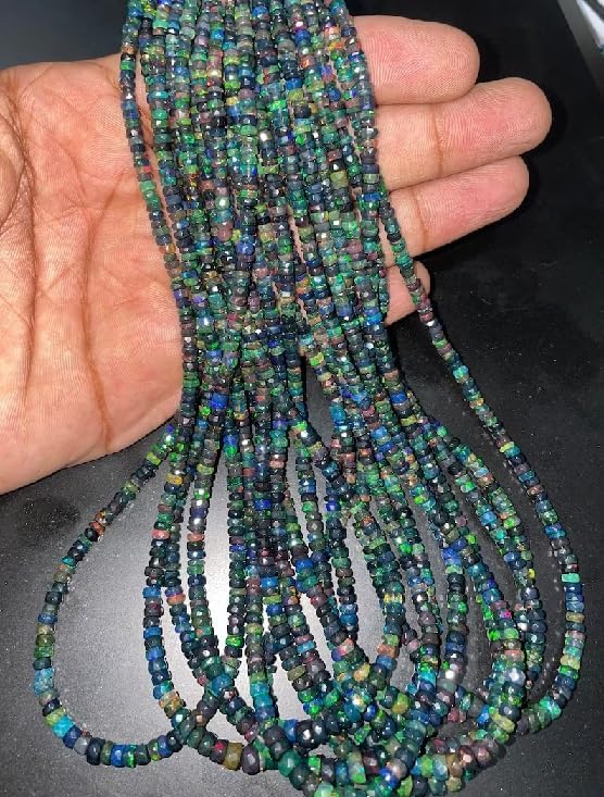 AAA+ Black Ethiopian Opal Faceted Rondelle Beads 3-5.5 Multi Fire Black Opal Rondelle Beads Strand for Jewelry Making