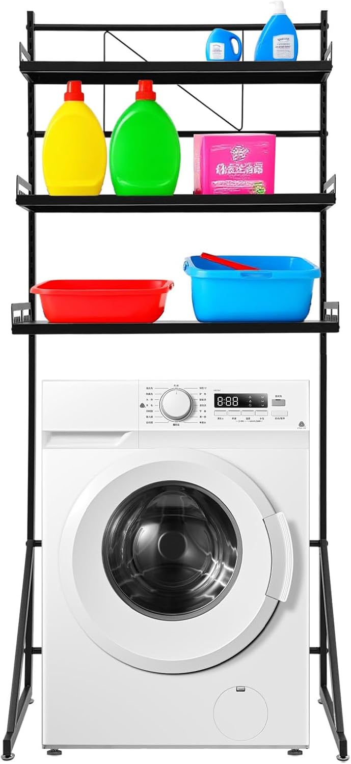 Over Washer and Dryer Storage Shelves, 3-Tier Washing Machine Organizer Rack with Height Adjustable Shelf for Laundry Room Garage Bathroom, W27.2*D15.8*H63.4in, Black
