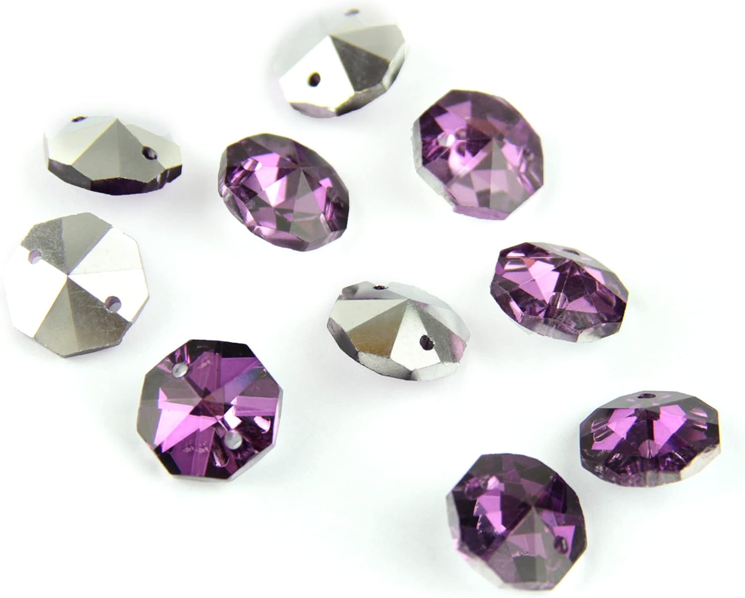 100pcs/Lot 14mm Amethyst With Silver Back In 2 Holes Crystal Octagon Beads For Decoration - (Size: 2000pcs)