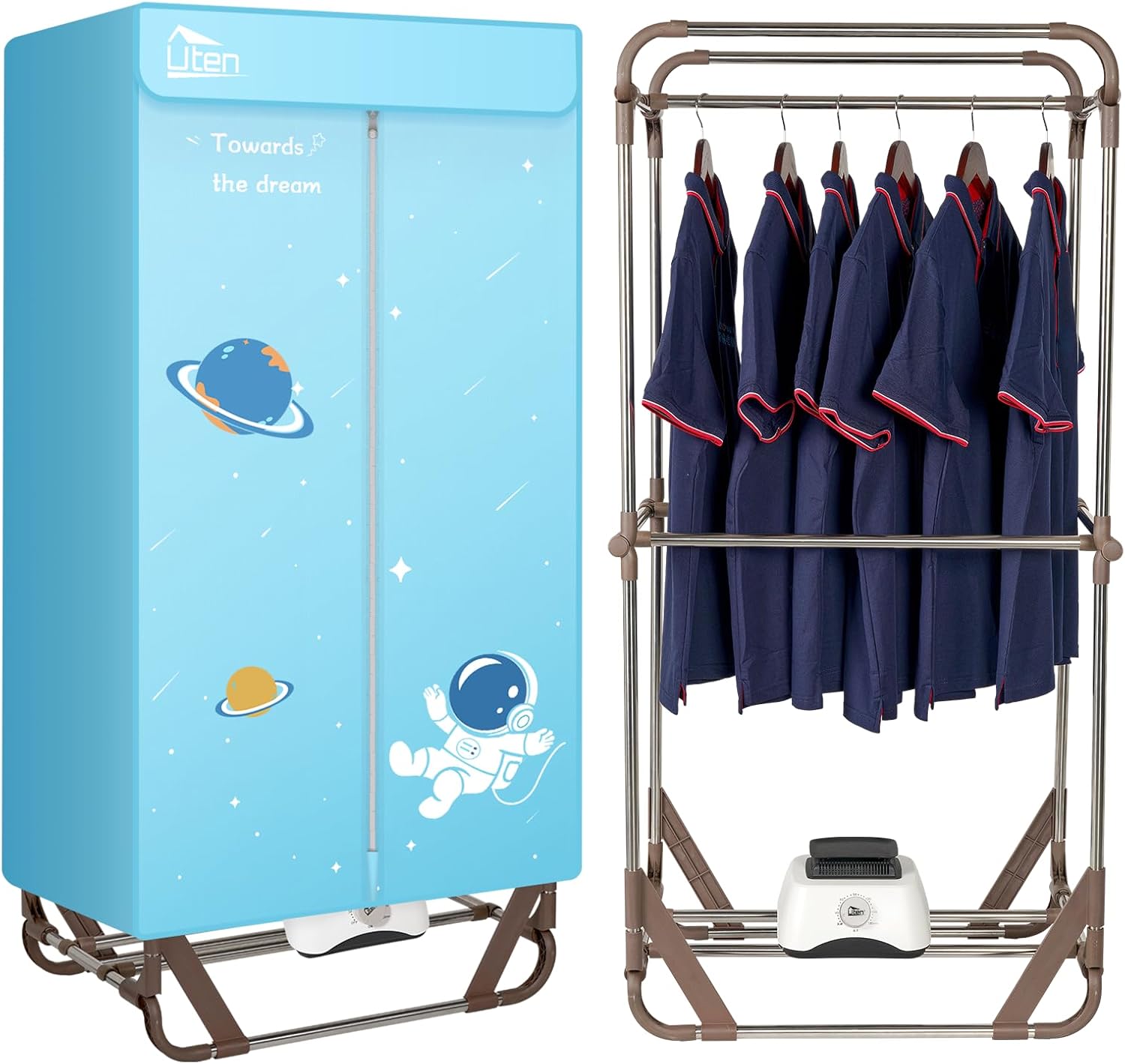 Uten Clothes Dryer, 1500W Power Electric Clothes Dryer Machine with Timer, 2-Tier Laundry Drying Wardrobe, Foldable Clothes Drying Rack and Dryer for Travel, Apartments, RV, Home