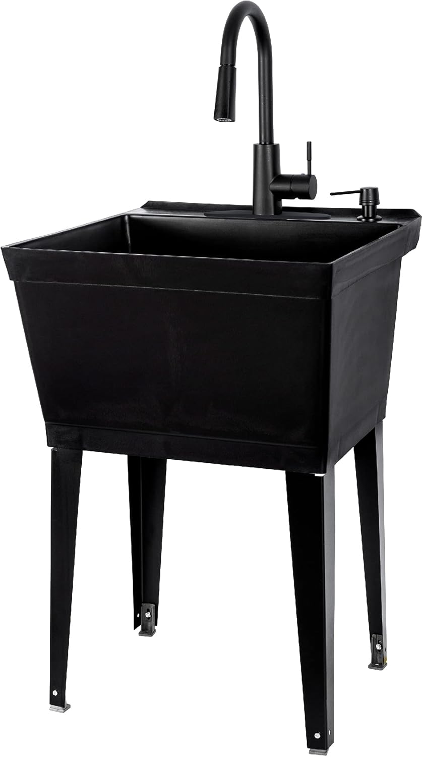 Black Utility Sink with High Arc Black Faucet by VETTA by JS Jackson Supplies, Pull Down Sprayer Spout, Heavy Duty Slop Sink for Washing Room, Basement, Shop, Free Standing Laundry Tub Deep Plastic