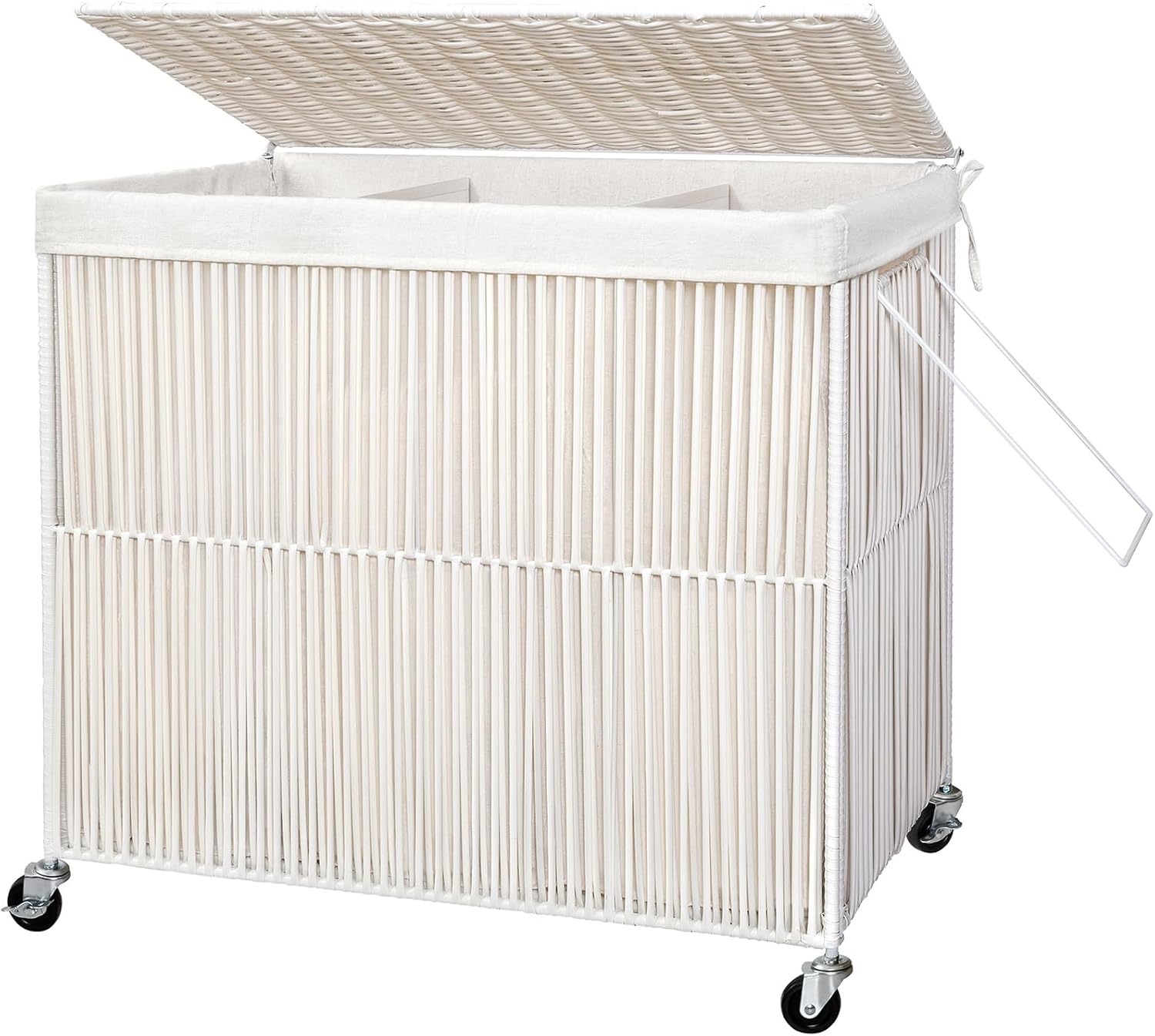 WOWLIVE Laundry Hamper with Wheels, 160L Handwoven Rolling Laundry Basket 3 Section with Lid, Clothes Hamper with 3 Removable Liner Bags, Large Laundry Sorter Laundry Room Organization, Creamy White