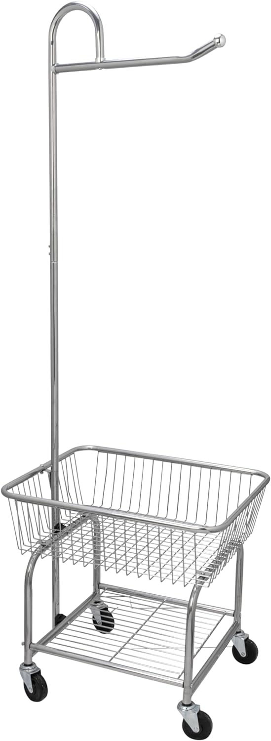 Household Essentials 6028-1 Rolling Laundry Cart with Hanging Bar - Chrome Finish, STORAGE, Metallic