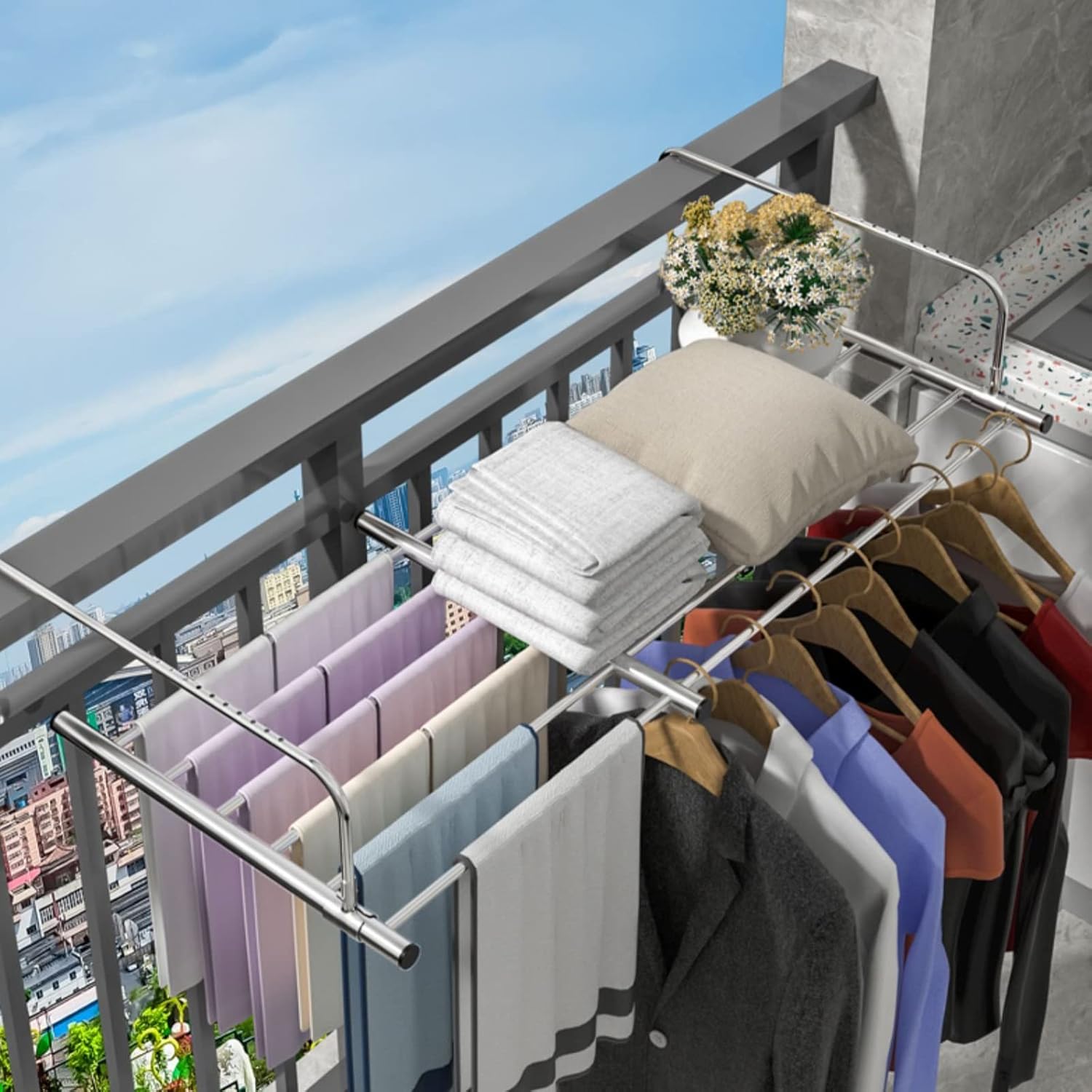 Clothes Airer Balcony Drying Rack Stainless Steel Clothes Dryer Folding Shoes Rack, Foldable Portable Space Saving Clothes Drying Rack, Extendable Clothing Dryer Rack, Si(Silver-60)