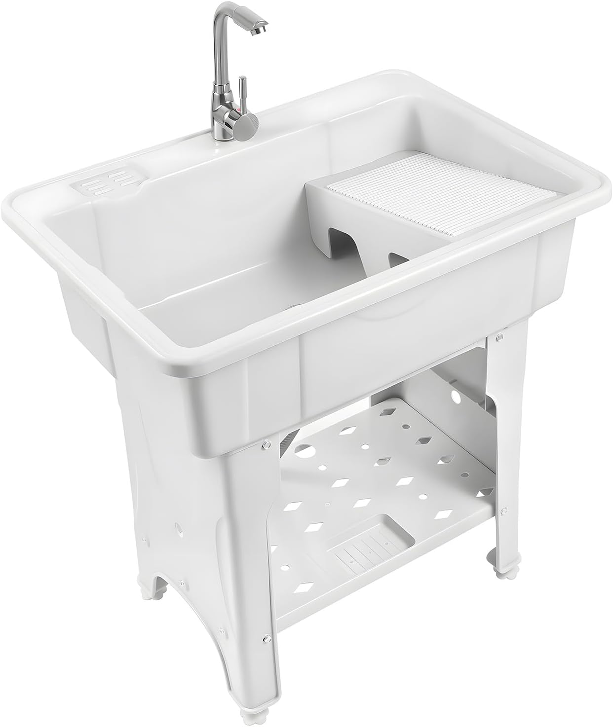 Utility Sink with Faucet, Freestanding Laundry Tub Sink, Heavy Duty Slop Sinks for Laundry Room, Bathroom, Garage, Kitchen – Deep Shop Sinks with Faucet and Scrub Board (White, 31
