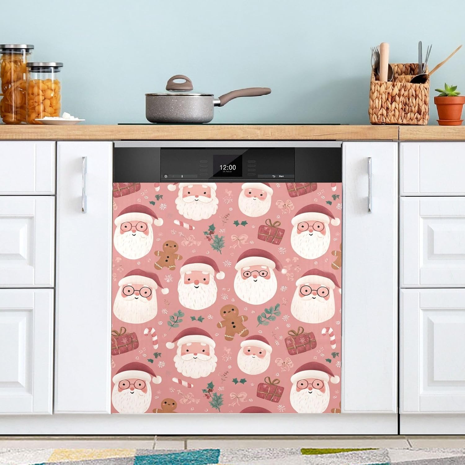 Pfrewn Christmas Winter Magnetic Dishwasher Cover Christmas Pink Santa Fridge Door Covers Kitchen Decal Vinyl Panel Decorative Refrigerator Laundry Appliances 23x26in