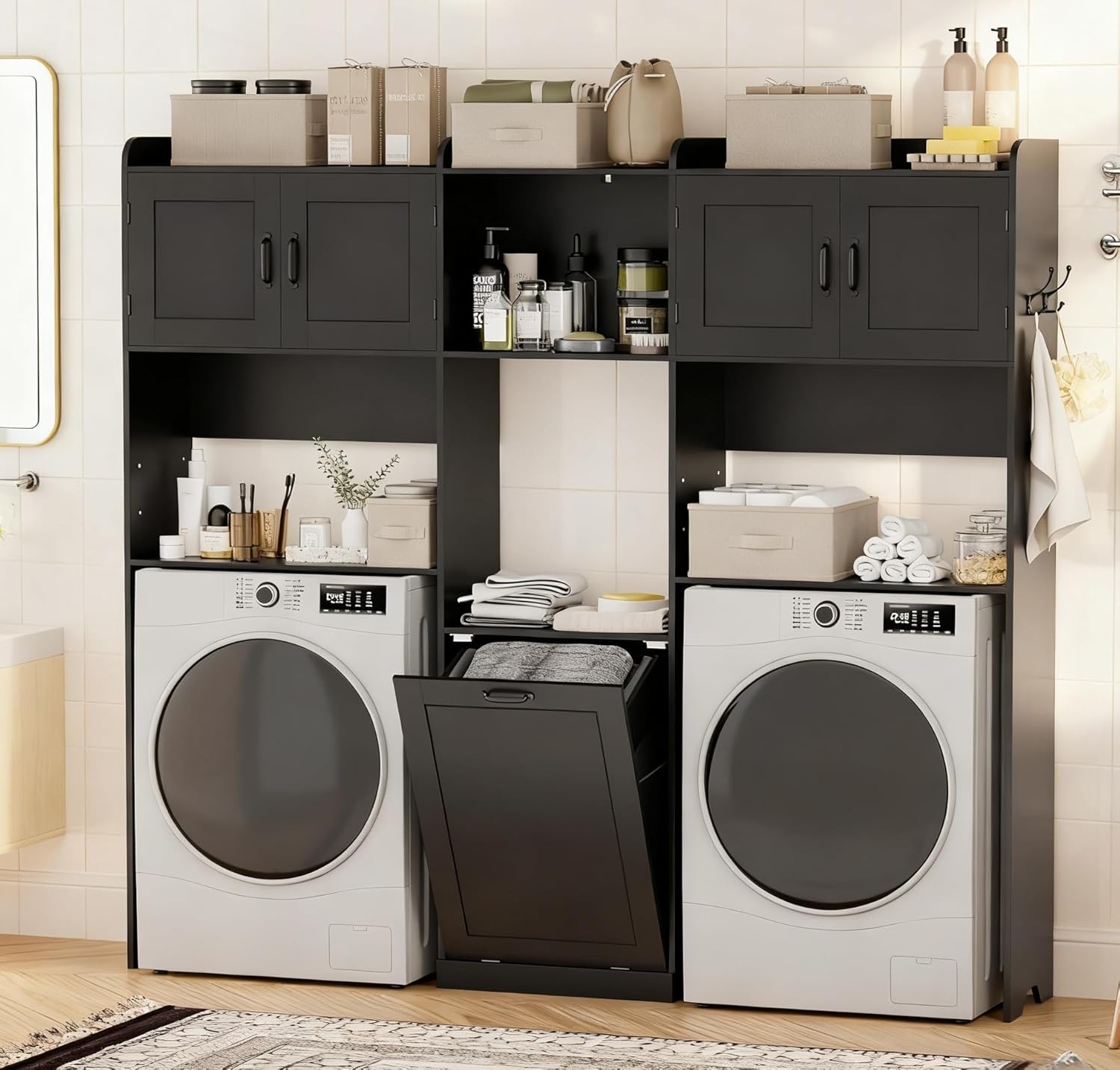 Over The Washer and Dryer Storage Cabinet, Laundry Room Organizer Standing Shelf with Tilt-Out Laundry Hamper Cabinet and Hooks, Space Saving Laundry Room Cabinets