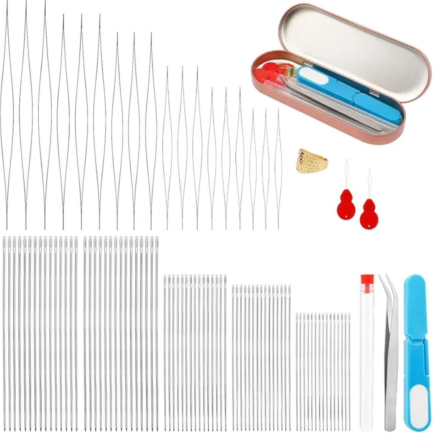 Beading Needles 2/4set Beading Needles Set Long Straight Thread Big Eye with Needle Bottle for Jewelry Making(100pcs,4set)