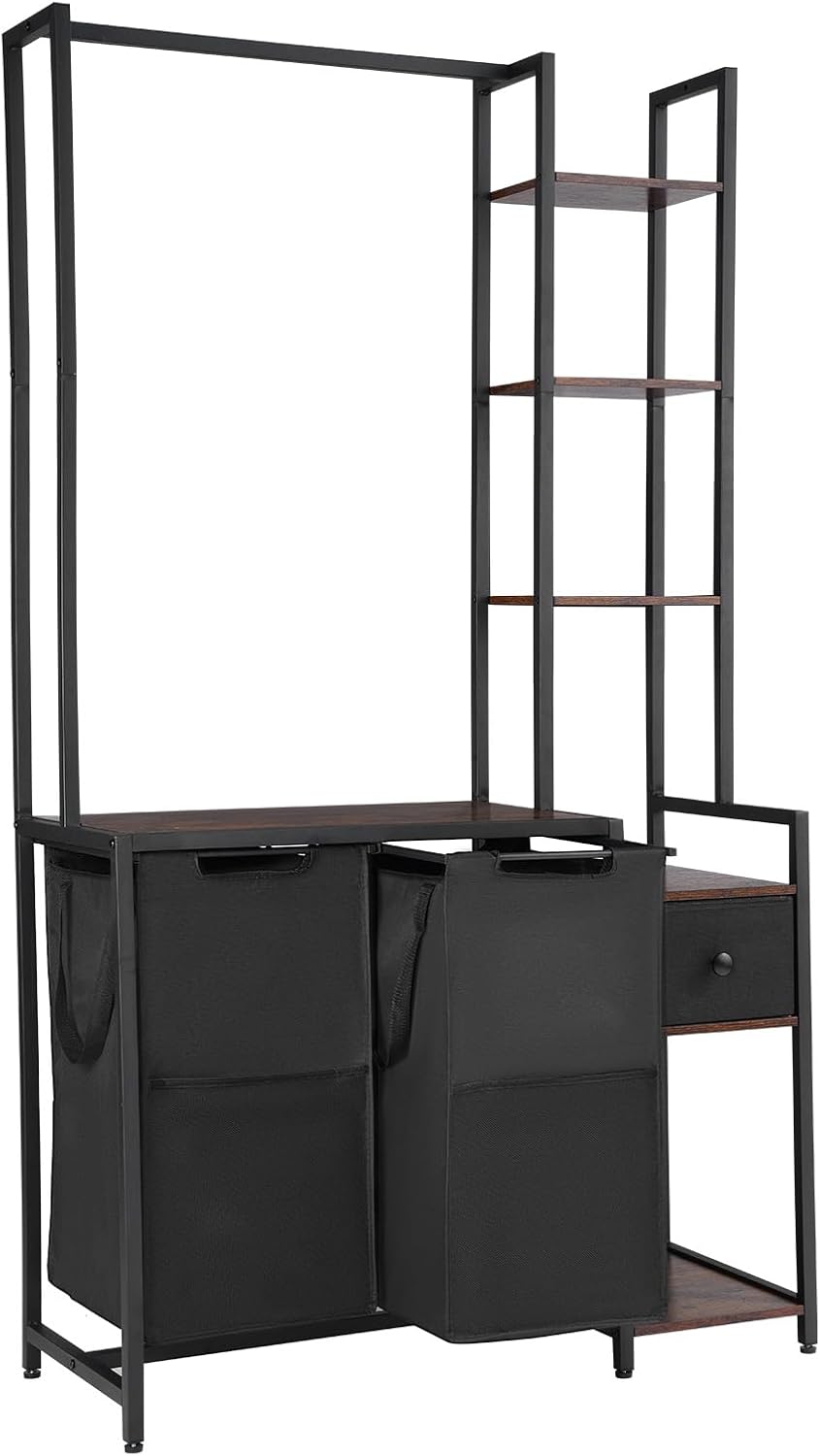 VEVOR 6 Tiers Laundry Sorter with Rack, Tall Laundry Hamper with Shelves and Drawers, 2 Section Freestanding Hanging Rack Storage with 600D Oxford Cloth Bags and Ladder Shelves for Dirty Clothes