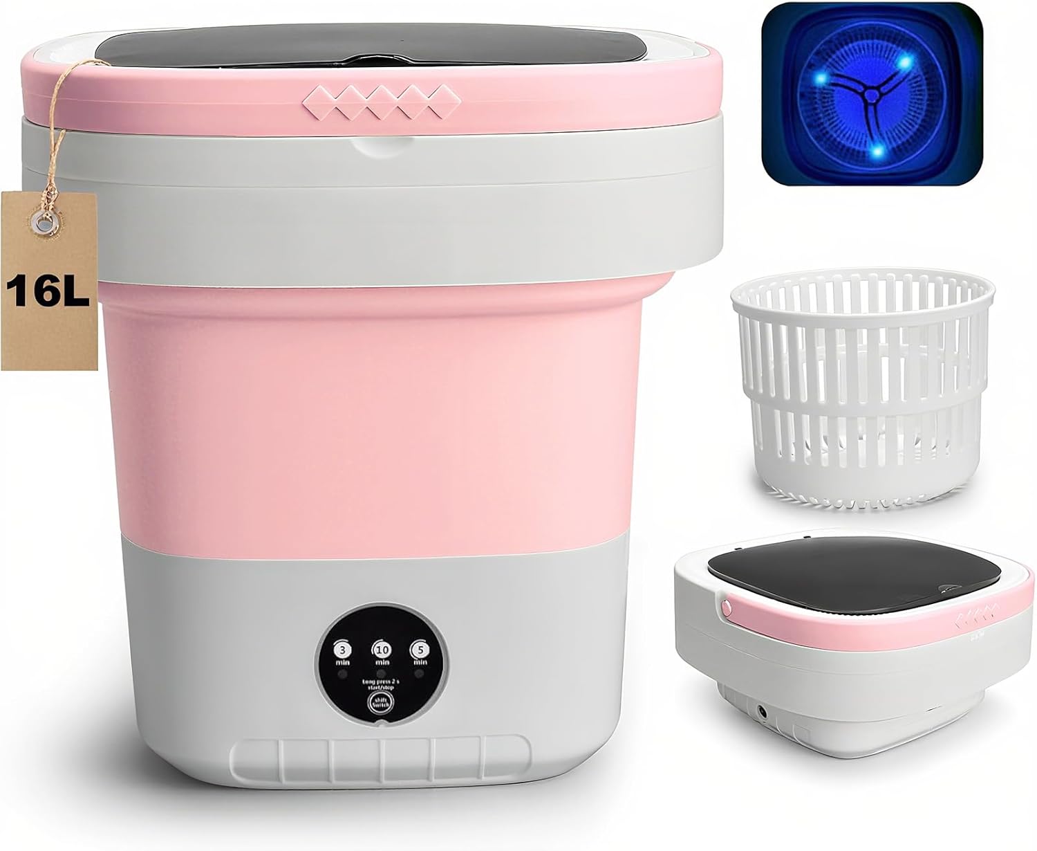 Portable Washing Machine, 16L Collapsible Mini Washer with UV-C Light & Spin Basket, 3 Cleaning Modes Small Foldable Laundry Machine for Clothes Underwear Socks Delicates Travel Camping Dorms (Pink)