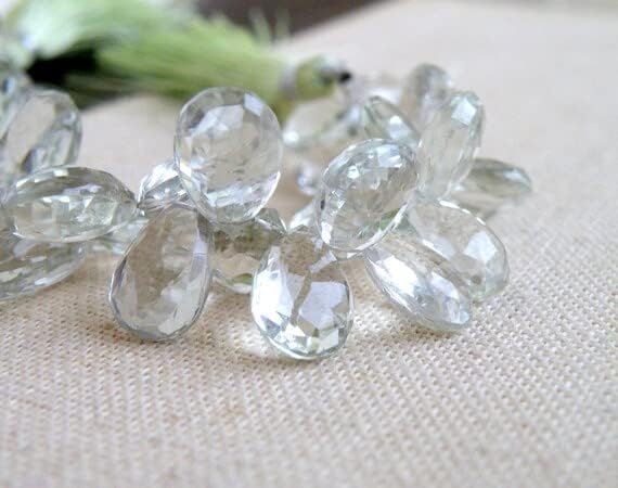 Green Amethyst Prasiolite Gemstone Briolette Faceted Teardrop Pear Top Drilled 11 to 12mm 13 Beads