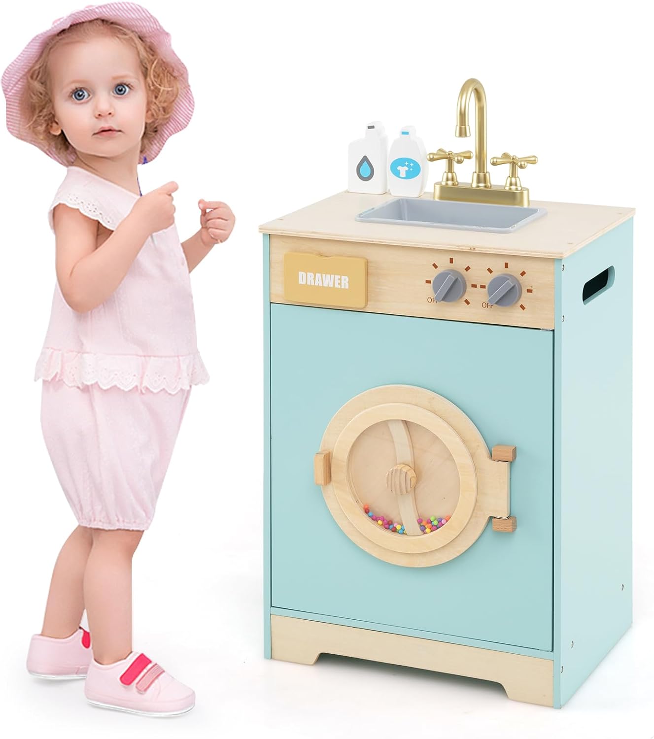 Costzon Kids Washer Playset, Toy Washing Machine w/Laundry Detergent & Hand Sanitizer, Wooden Laundry Kitchen Set w/Sink, Drawer & Rotating Wheel, Pretend Play Kitchen for Boys & Girls 3+ Years Old