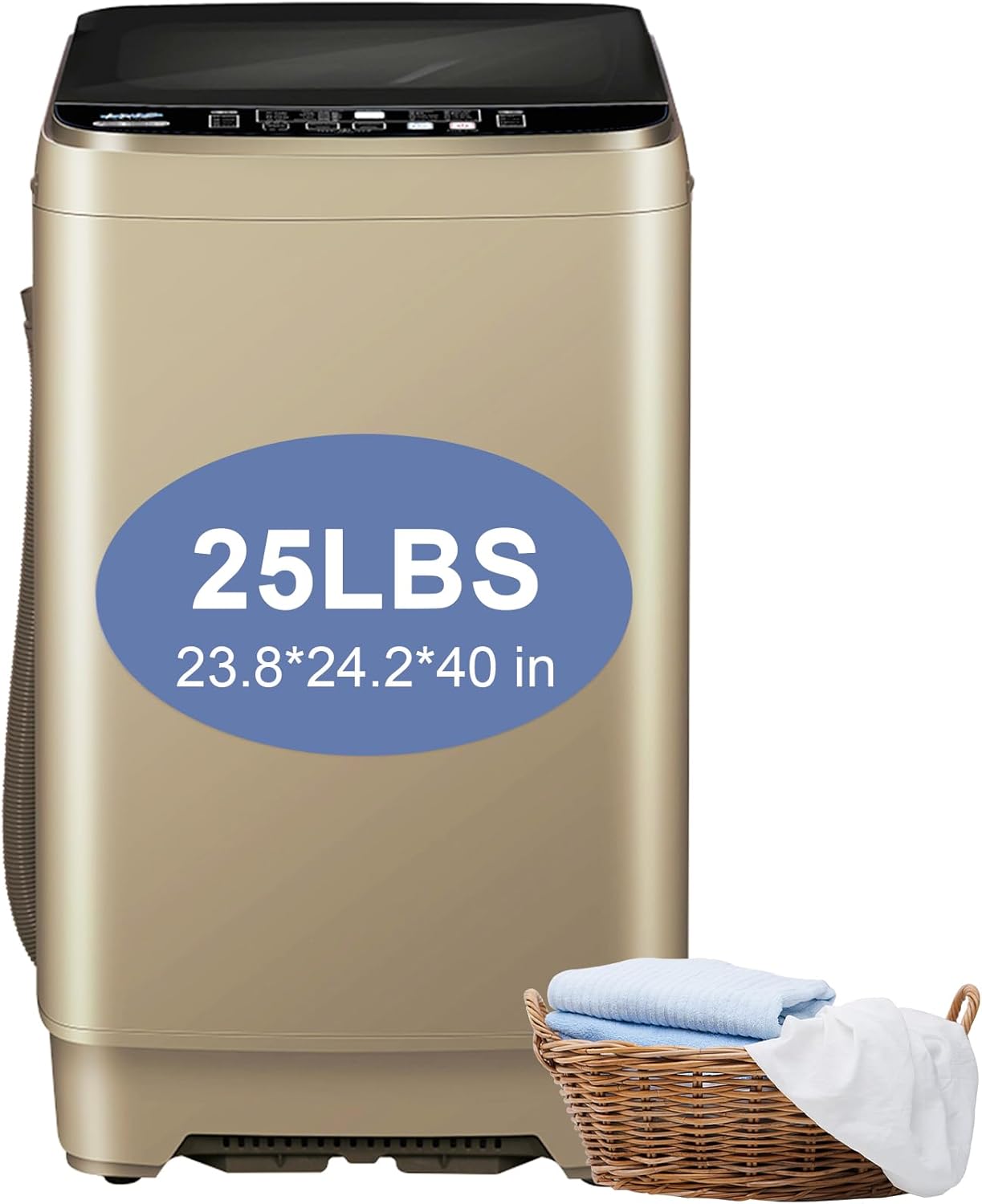 Portable Washing Machine 25 lbs, LED Display Full Automatic Clothes Washer with 10 Programs & 8 Water Levels, Large Capacity with Glass Cover/Drain Pump for Apartment Home, Dorm, Gold