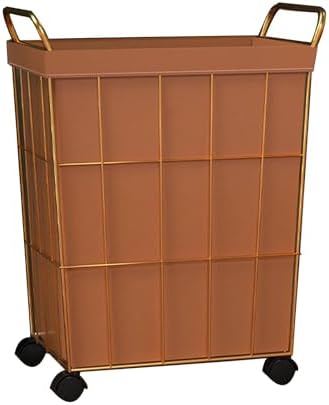 Rolling Laundry Basket, Laundry Basket Iron Wire Laundry Hamper on Wheels Rolling Laundry Basket w/Leather Liner Bag & Handle Gold Metal Frame Laundry Sorter for Bedroom Balcony (B