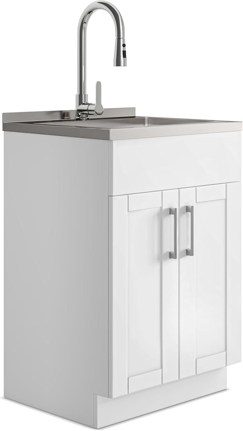 SIMPLIHOME Modern Wide Shaker All-in-One Utility Sink & Cabinet, Pure White, 24-inch Laundry Cabinet, Stainless Steel Sink, Pull-Down Faucet, for Laundry Room, Mudroom, Garage