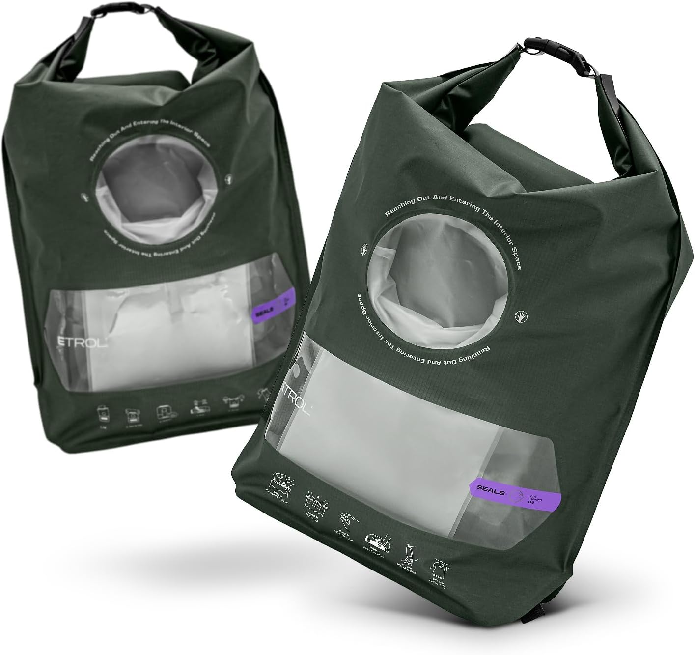 ETROL Wash Bag Portable Washing Machine, Lightweight Manual Washing Machine for Travel, Camping, Laundry, Baby Clothes, Non-Electric, With Bottom Water Outlet and Compartment - L, Green，2PCS