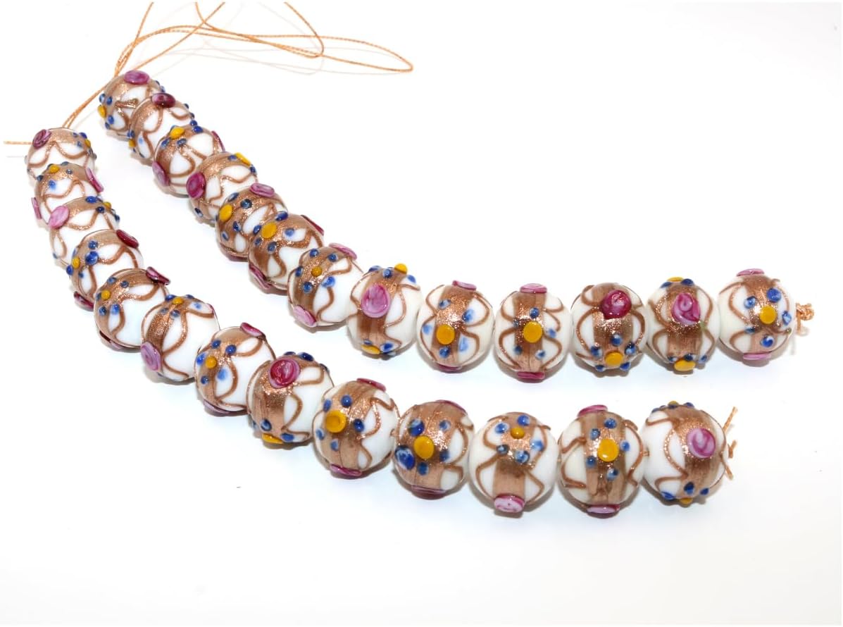 Handcrafted White Designer Glass Beads | 16mm Murano Style Lampwork Beads with Golden Swirls & Dotted Accents | Available in 10 Strands | Jewelry & DIY Crafts.