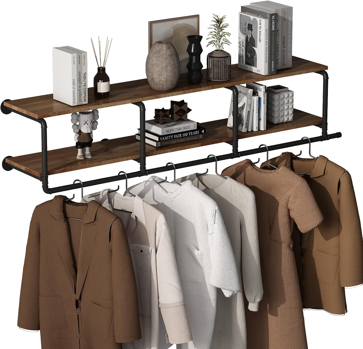 Industrial Pipe Clothes Racks with Top Shelf, 2 Tiers Wall Mounted Clothing Racks for Hanging Clothes, Heavy Duty Industrial Pipe Shelf with Hanging Rod for Laundry Room, Closet Storage