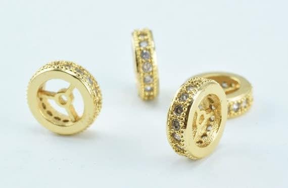 Beaded Jewelry 10mm Roundel 18k Gold Filled EP Micro Pave Beads with Clear CZ Cubic Zircon,Sparkle, Bling Spacer Beads
