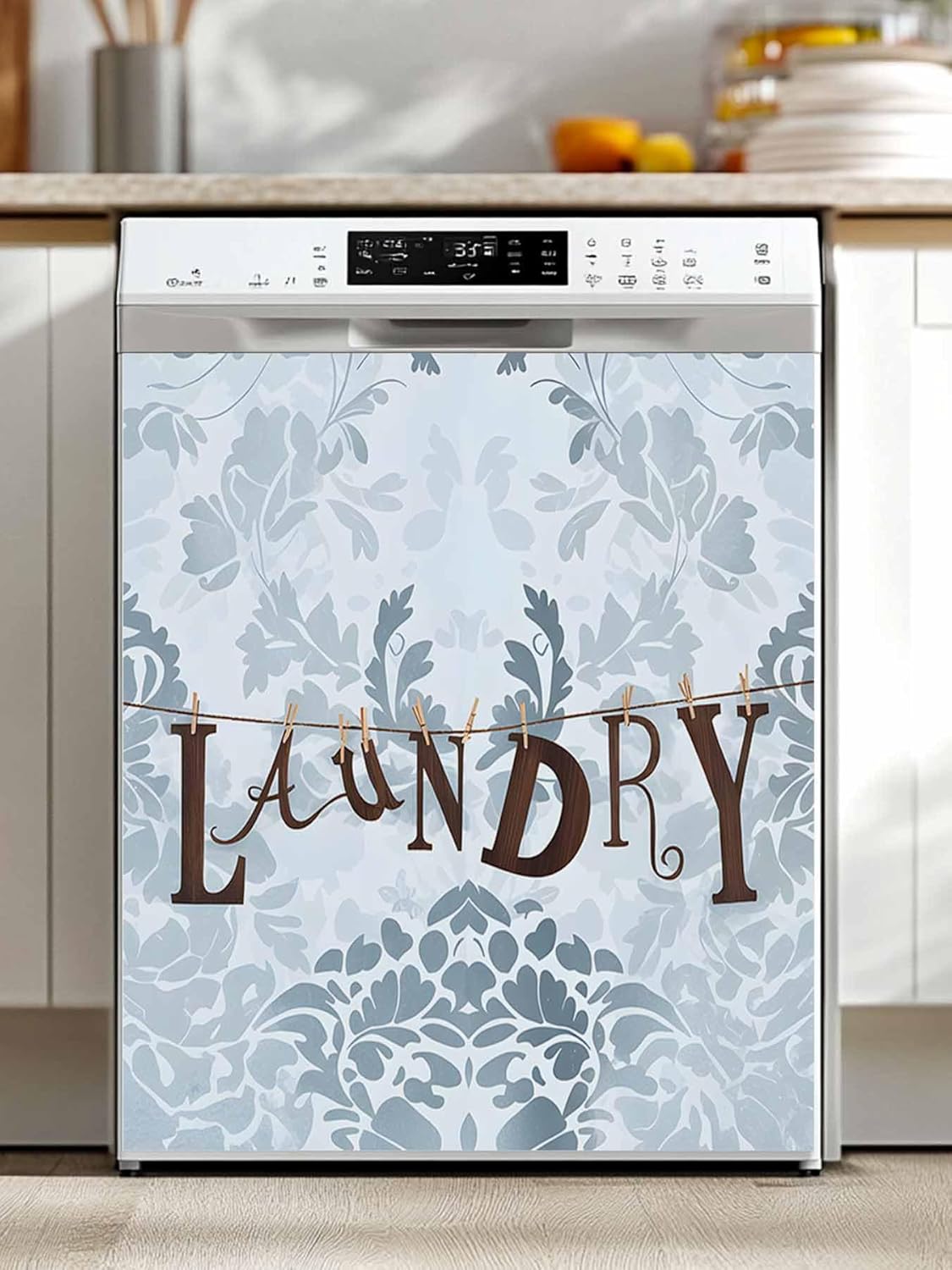 Laundry Blue Dishwasher Magnet Cover, Vintage Boho Modern Country Style Flower Refrigerator Magnets Covers for The Front Door, Dishwasher Panel Fridge Decal Cover for Home Appliance Decor 23''x26''