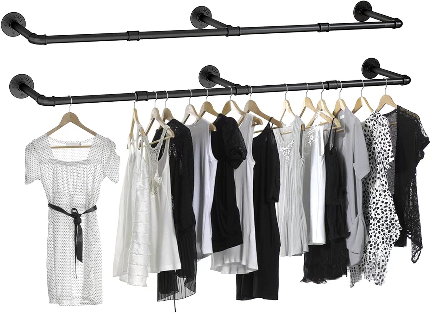 Clothing Rack Wall Mounted, 70in Industrial Pipe Clothes Racks for Hanging Clothes, Heavy Duty Pipe Hanging Rod Garment Rack Bar for Closet Laundry, Max Load 145LbS Metal Black (2)