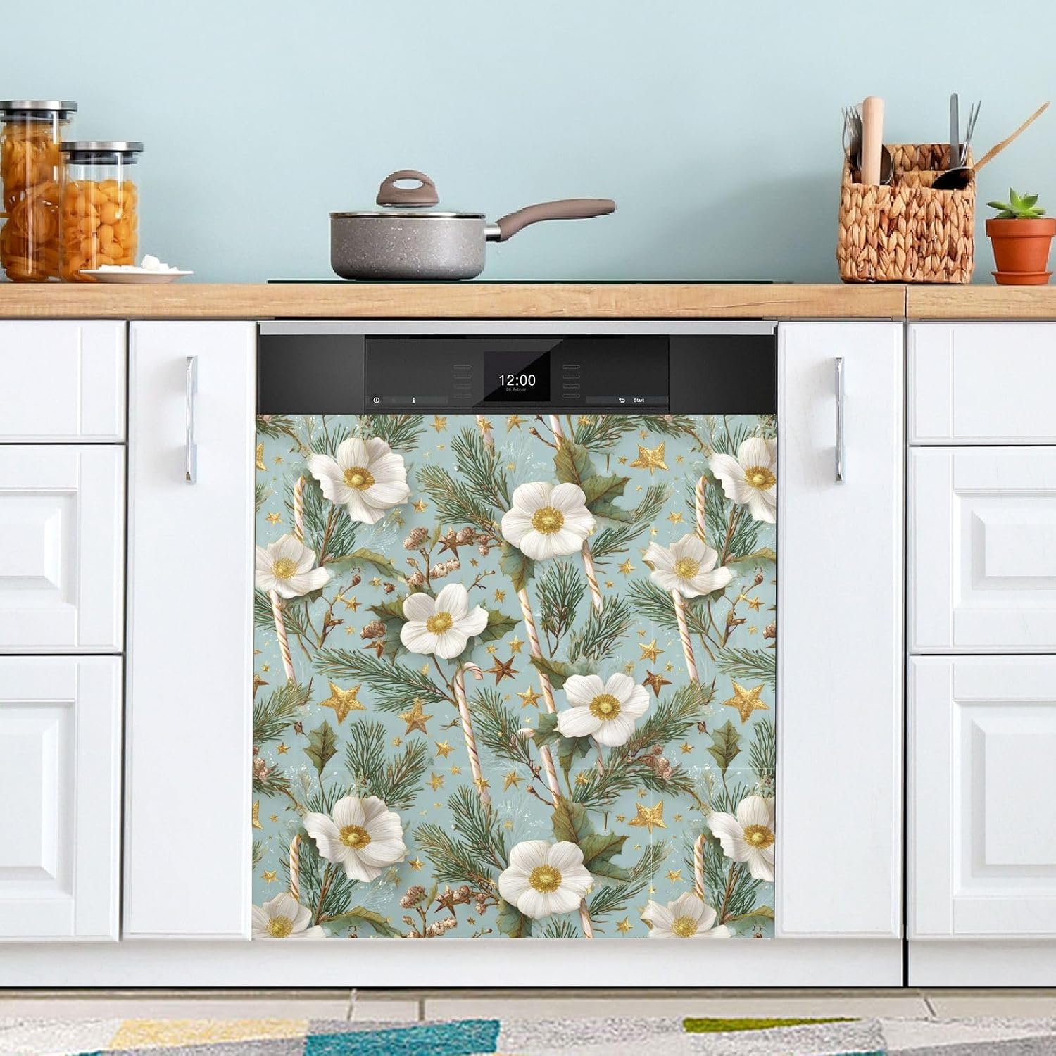 Pfrewn Christmas Winter Magnetic Dishwasher Cover White Hellebores Pine Branches Berries (2) Fridge Door Covers Kitchen Decal Vinyl Panel Decorative Refrigerator Laundry Appliances 23x26in