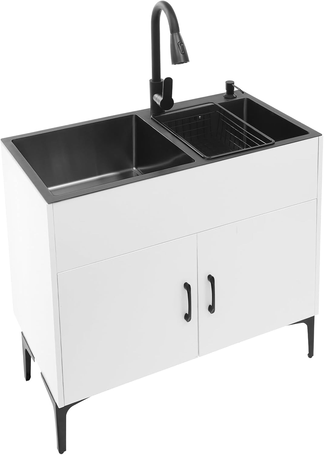 32-Inch Laundry Sink Cabinet with Pull-Out Sprayer Faucet, Freestanding Stainless Steel Utility Sink with Cabinet, White Cabinet with Sink for Laundry & Utility Room, Kitchen, Bathroom(2 Packages)