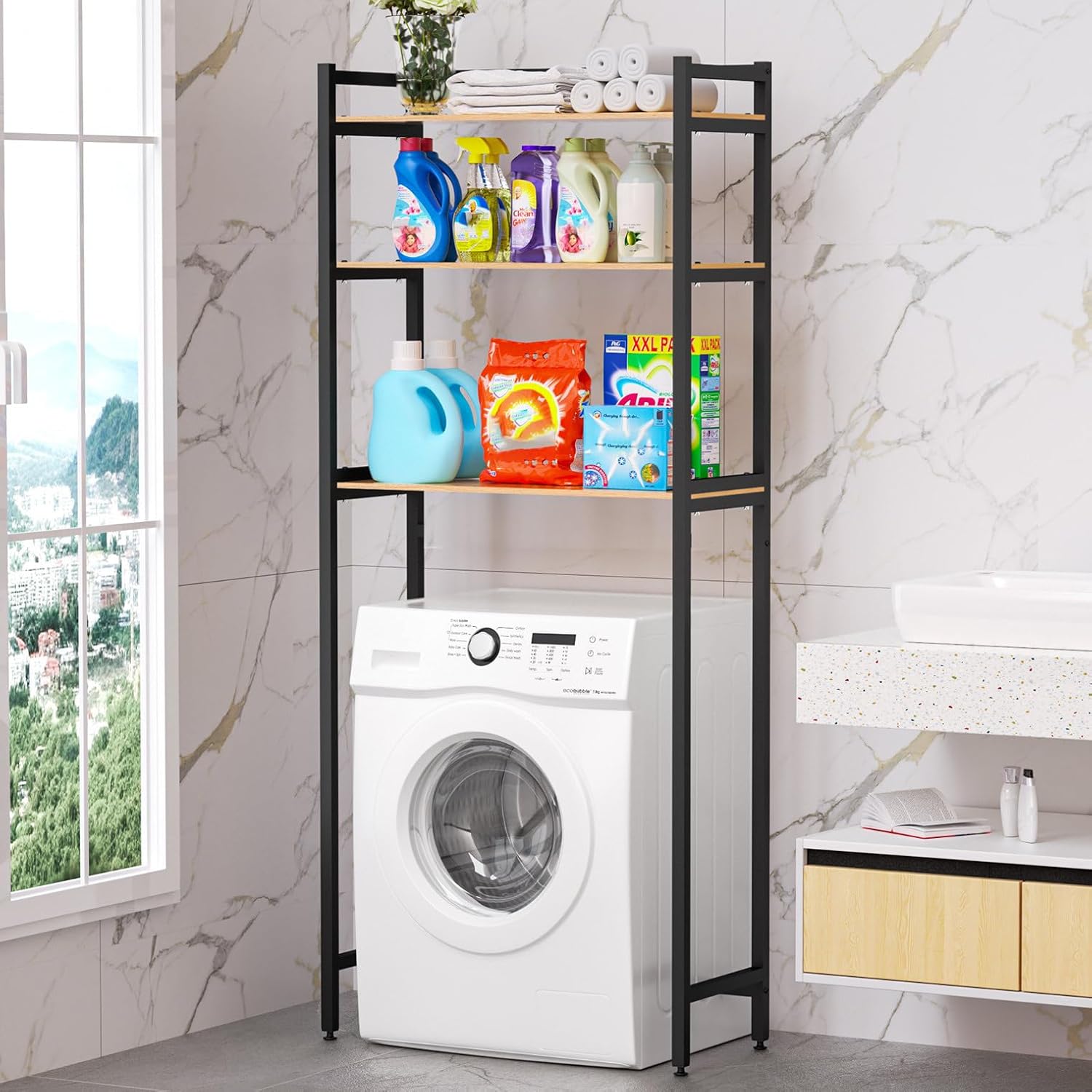 3-Tier Laundry Room Shelf, Over Washing Machine Storage Rack Floor-Standing Organizer Unit for Bathroom Toilet Kitchen