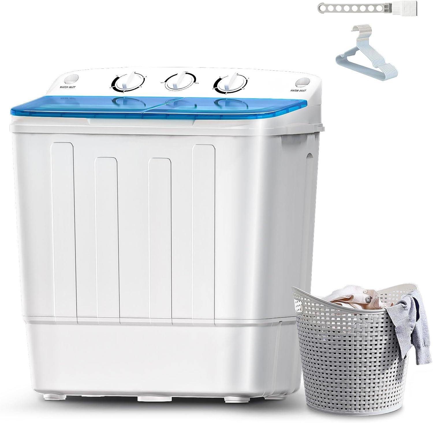 18lbs Twin Tub Mini Washing Machine, Portable Compact Laundry Washer with 11lbs Wash & 7lbs Spin Dry, Free Drying Rack & 10 Hangers, Easy Operation for Dorm, RV, Camping, Apartment