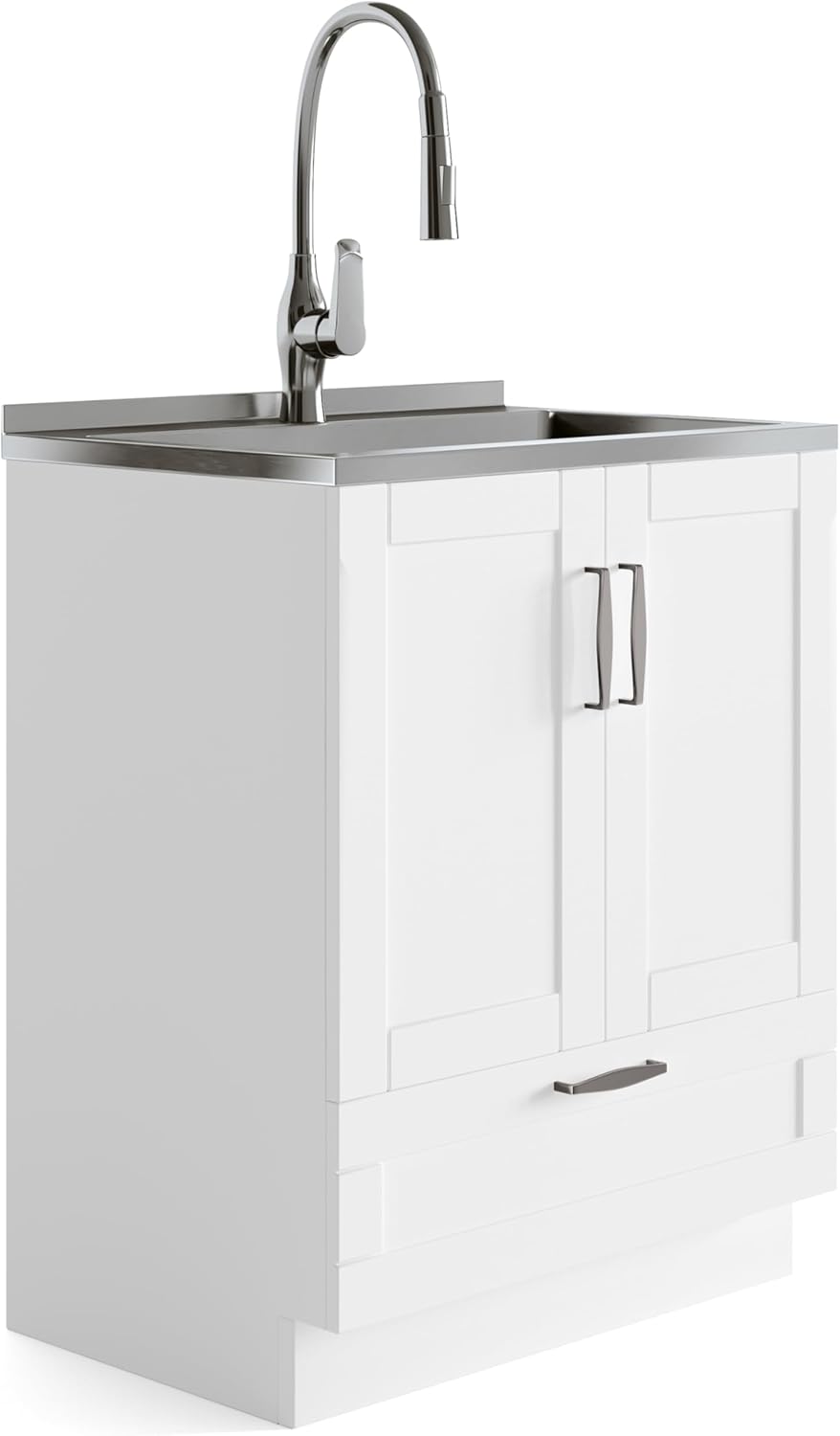 SIMPLIHOME Reed All-in-One 28 inch Wide Utility Sink and Laundry Cabinet in Pure White Finish, Transitional Stainless Steel Sink Cabinet for Laundry Rooms with High-Arch Chrome Faucet and Storage