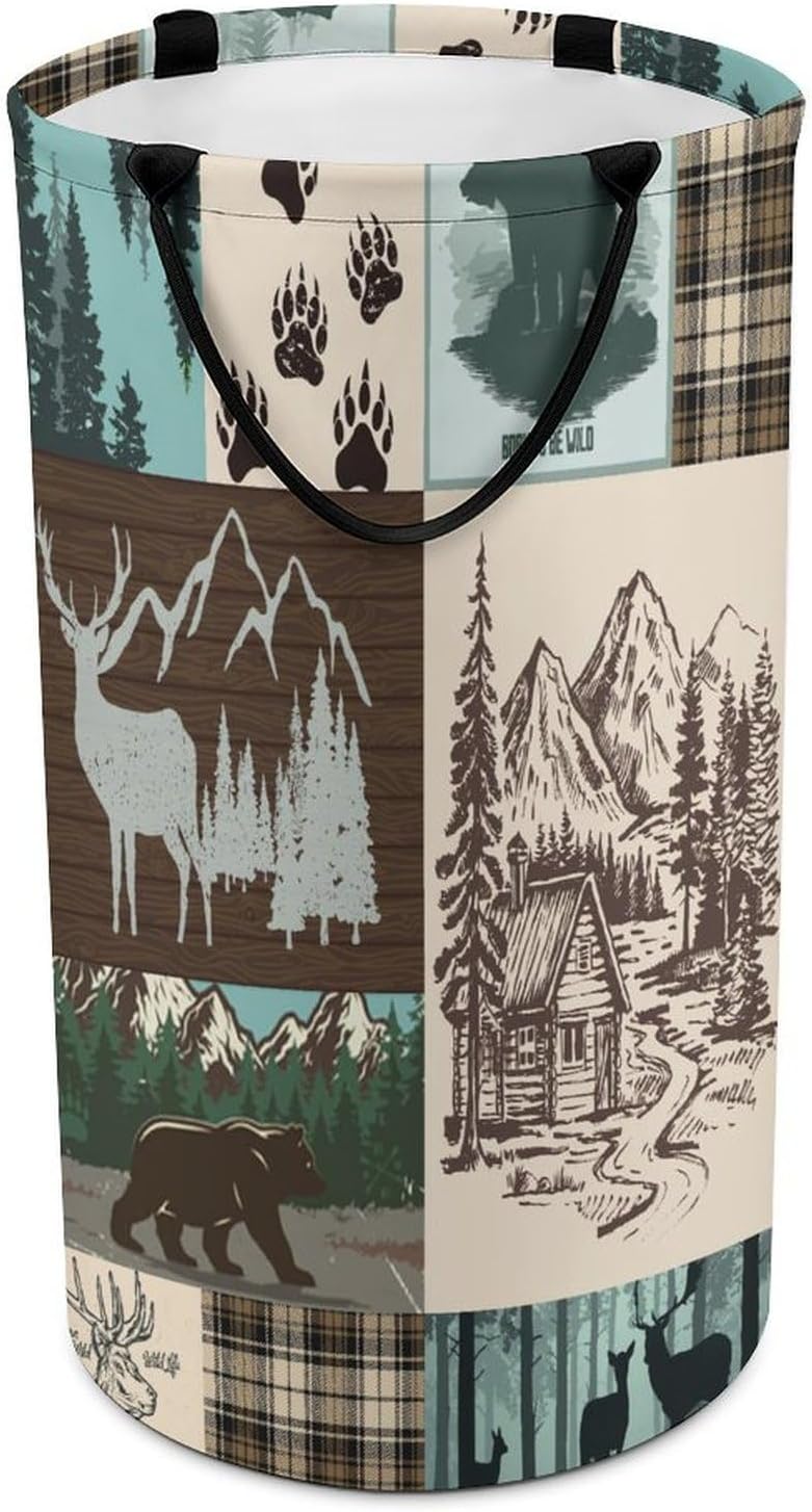 Rustic Hunting Theme Plaid Bear Laundry Hamper Dirty Clothes,Cabin Forest Cabin Animal Bear Elk Deer Large Laundry Basket Storage Basket For Bathroom 15.7W