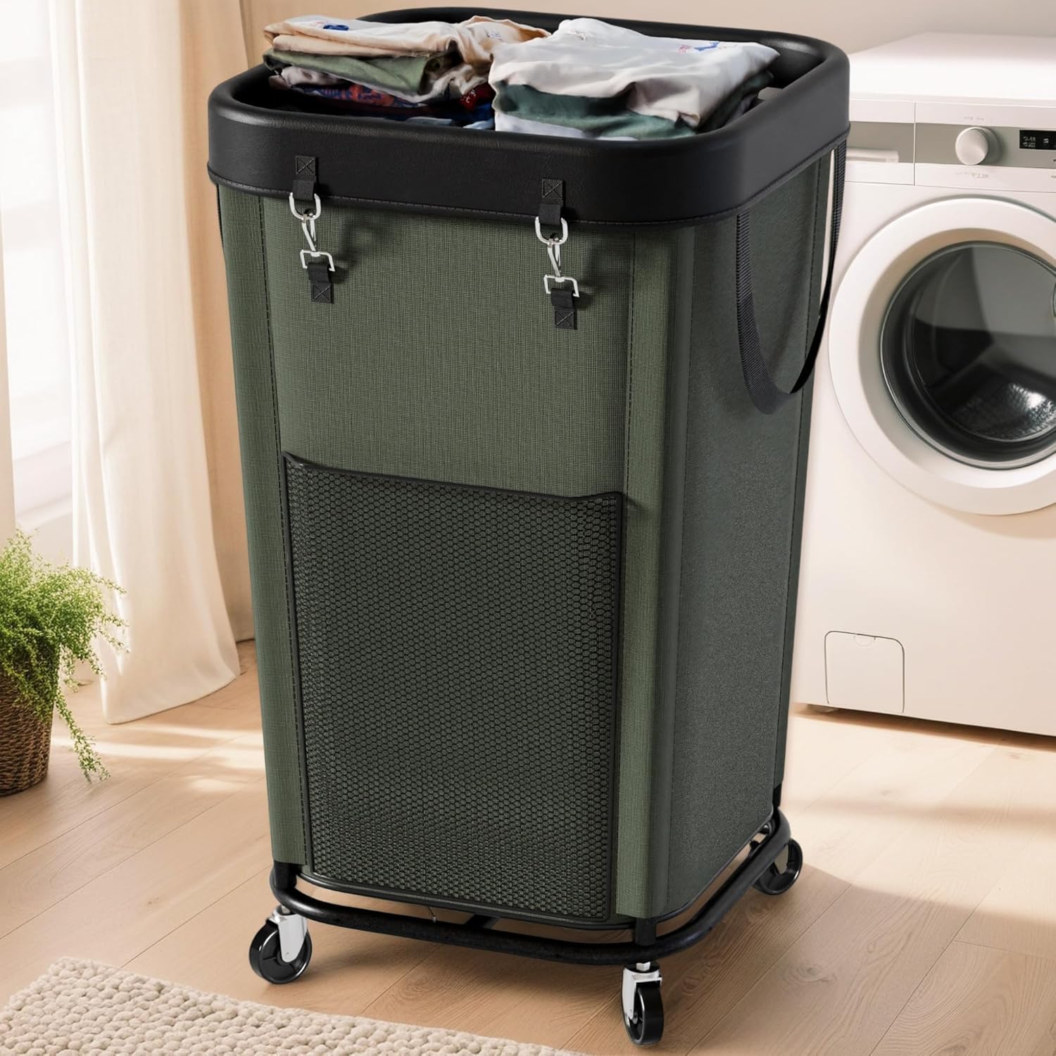 Laundry Hamper Laundry Basket with Wheels, Large Capacity Dirty Clothes Basket with Wheels, Suitable for Bedrooms, Bathrooms and Laundry Rooms (Green, 160L)