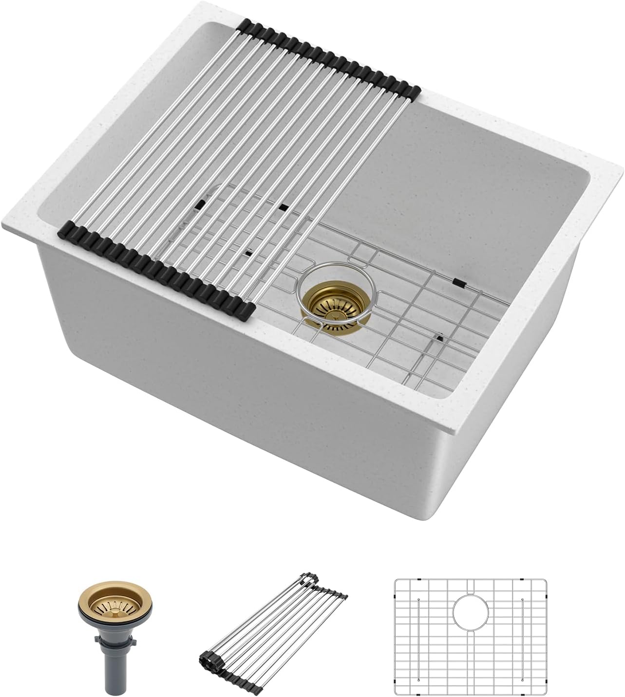 24 Inch Laundry Sink Undermount – 24 x 18 x 12 Inch Quartz Granite Composite White Utility Sink 12 Inch Granite Basin, Durable Single Bowl Deep Basin for Laundry Room