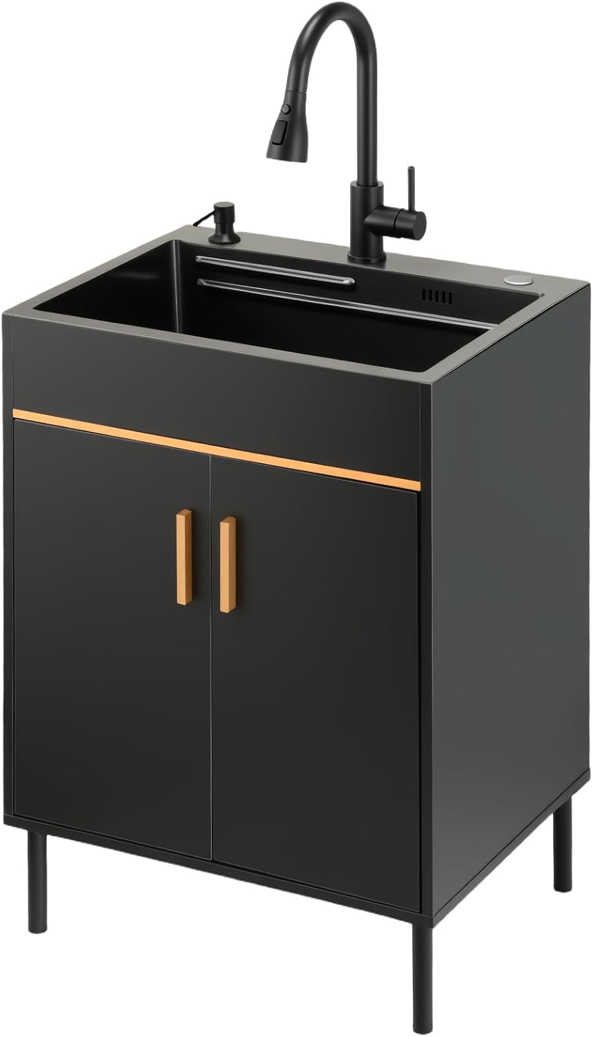 Ownsig 23.6” Stainless Steel Laundry Sink with Cabinet and Pull-Out Faucet, Black Freestanding Utility Sink with Removable Insert Basin, for Laundry Room, Kitchen, or Garage (Black)