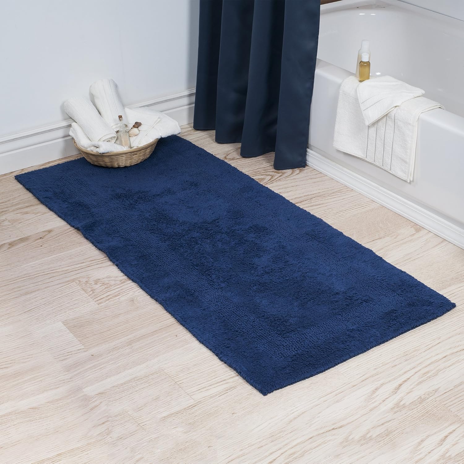 Lavish Home Reversible Long Bath Mat - 60x24-Inch Plush Cotton Bathroom Runner - Machine Washable Bath Mats for Bathroom, Kitchen, or Laundry Room (Navy)